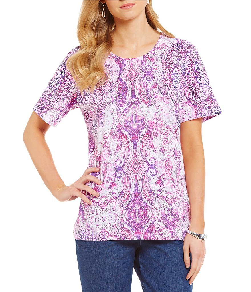 Allison Daley Medal Print Embellished-Neck Short Sleeve Knit Top