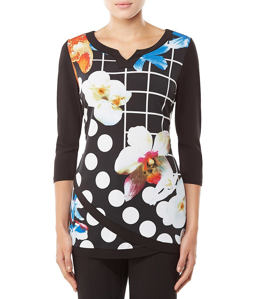 Allison Daley Notch V-Neck Layered Tulip Hem Printed Tunic