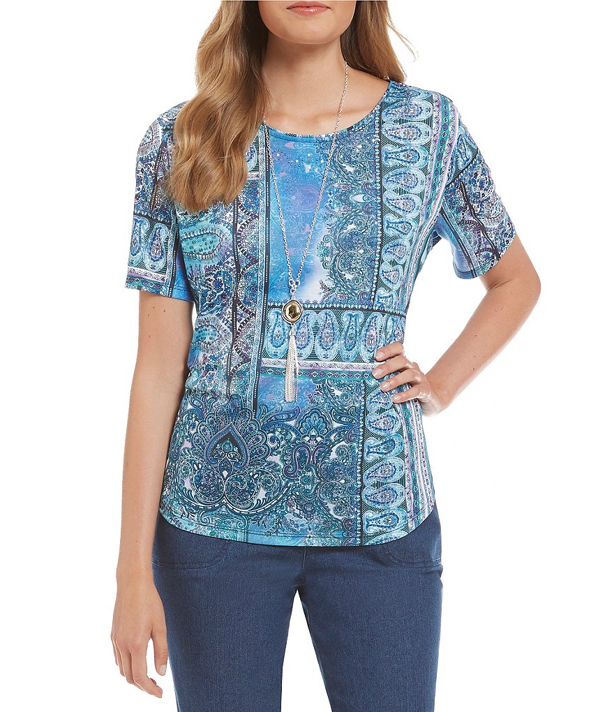 Allison Daley Petite Printed Embellished Wide-Neck Knit Top