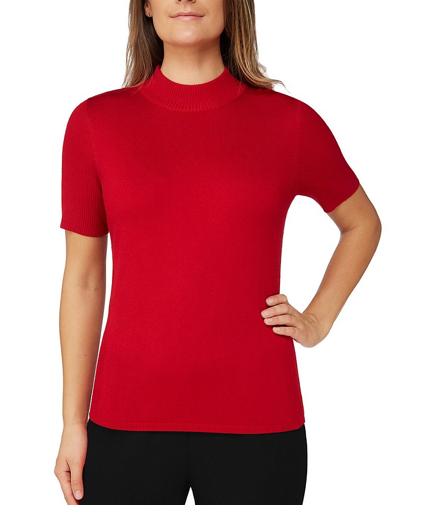 Allison Daley Petite Size Solid Mock Neck Short Sleeve Pullover