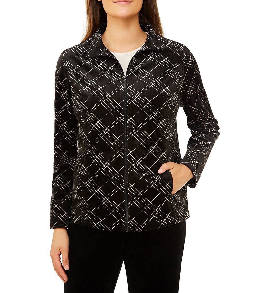 Allison Daley Petite Size Velour Plaid Print Zip Front Jacket