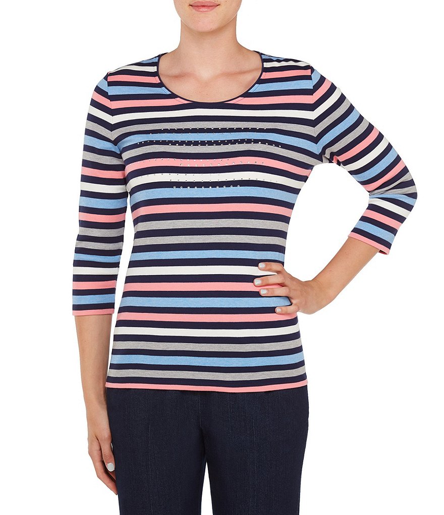 Allison Daley Petites Embellished Crew-Neck Stripe Knit Top