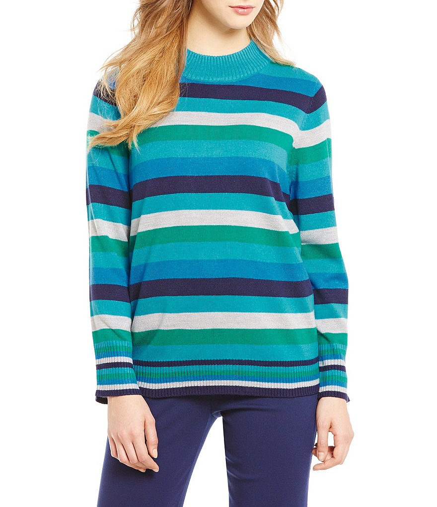 Allison Daley Petites Mock Neck Stripe Print Pullover