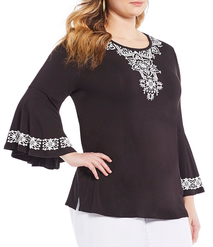 Allison Daley Plus 3/4 Bell Sleeve Embroidered Solid Knit Top