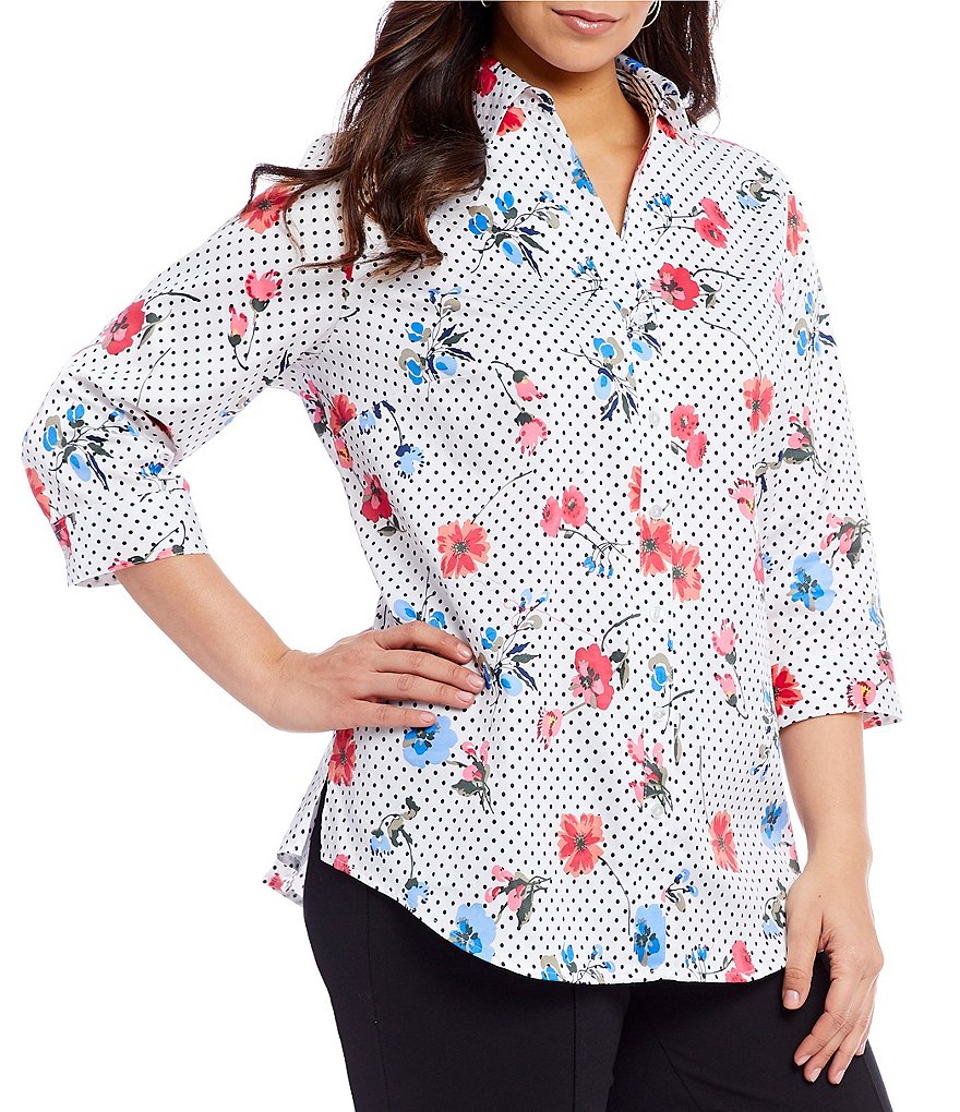 Allison Daley Plus 3/4 Sleeve Floral Dot Print Button Front Shirt