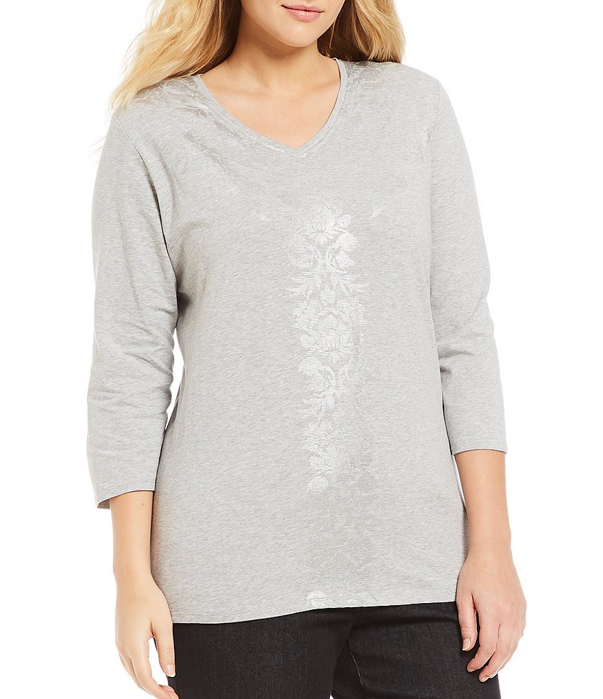 Allison Daley Plus Embellished V-Neck Foil Details Knit Top