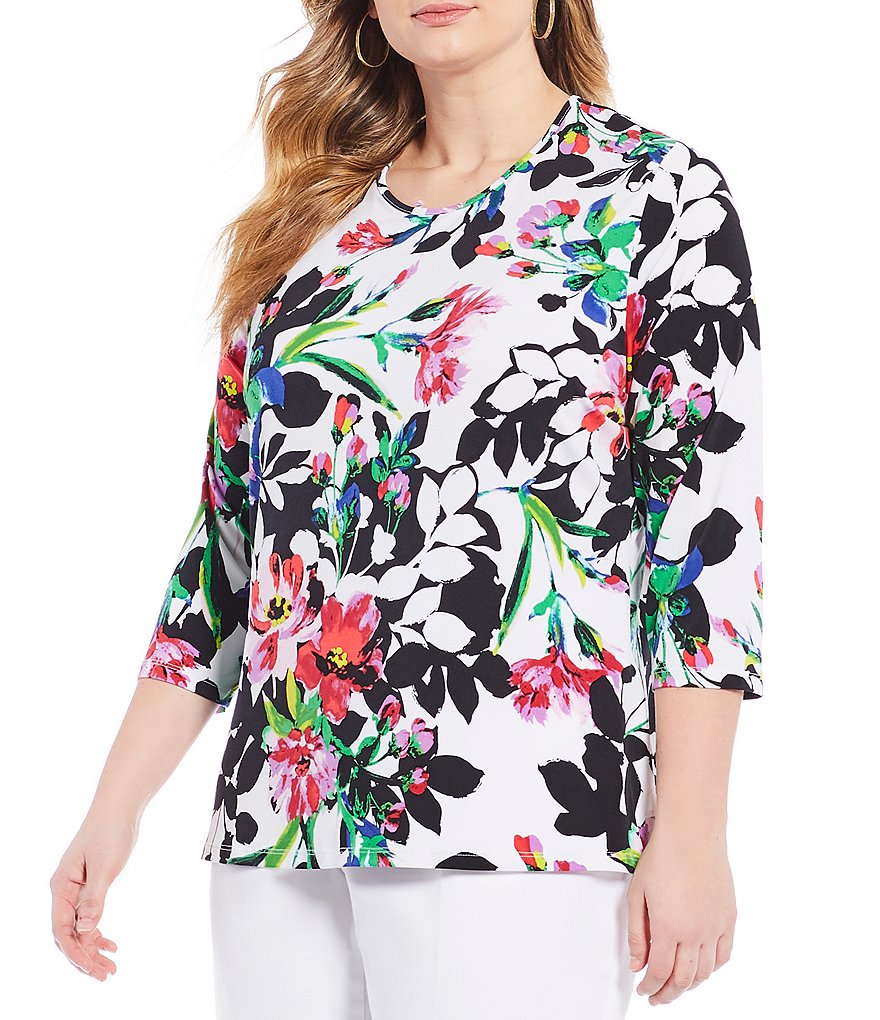 Allison Daley Plus Floral Print 3/4 Sleeve Tee