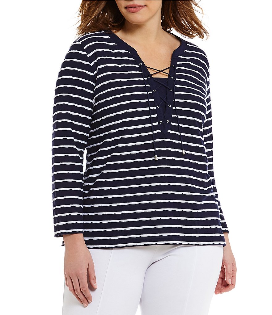 Allison Daley Plus Lace-Up Front Mini Pucker Stripe Knit Top