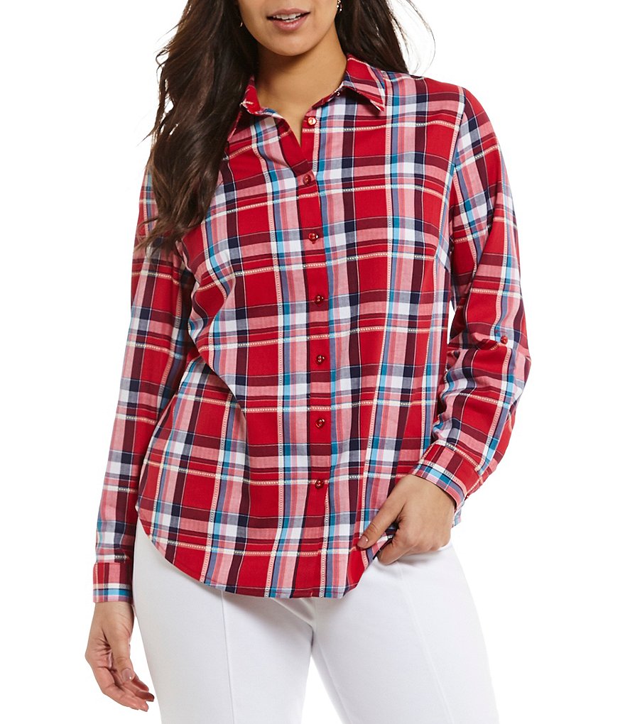 Allison Daley Plus Long Roll-Tab Sleeve Plaid Print Button-Front Shirt