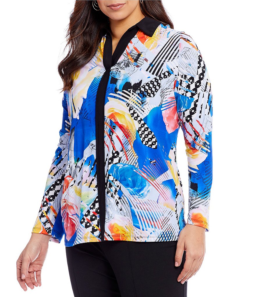 Allison Daley Plus Long Sleeve Contrast Trim Print Blouse