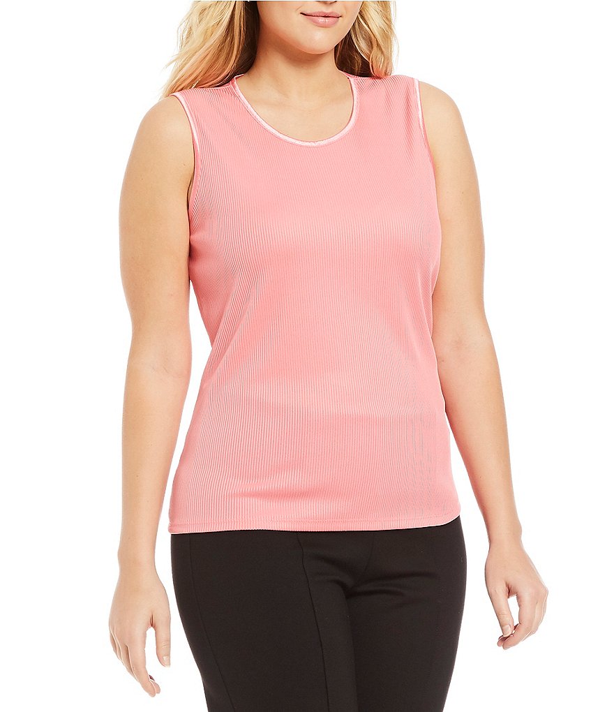 Allison Daley Plus Scoop Neck Satin Trim Rib Knit Shell