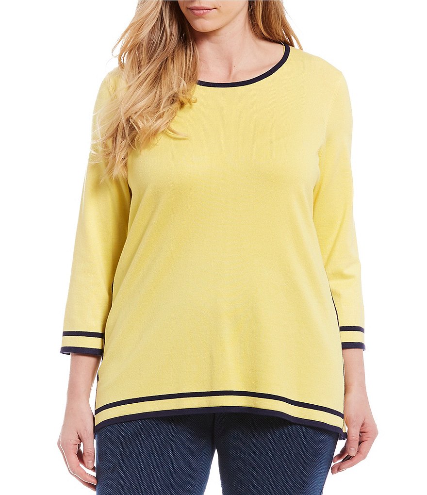 Allison Daley Plus Size 3/4 Sleeve Contrast Trim Knitted Sweater