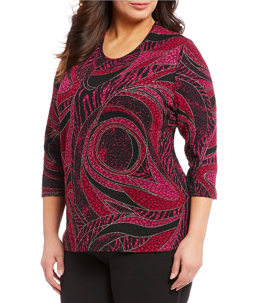 Allison Daley Plus Size Animal Print Pucker Knit 3/4 Sleeve Top