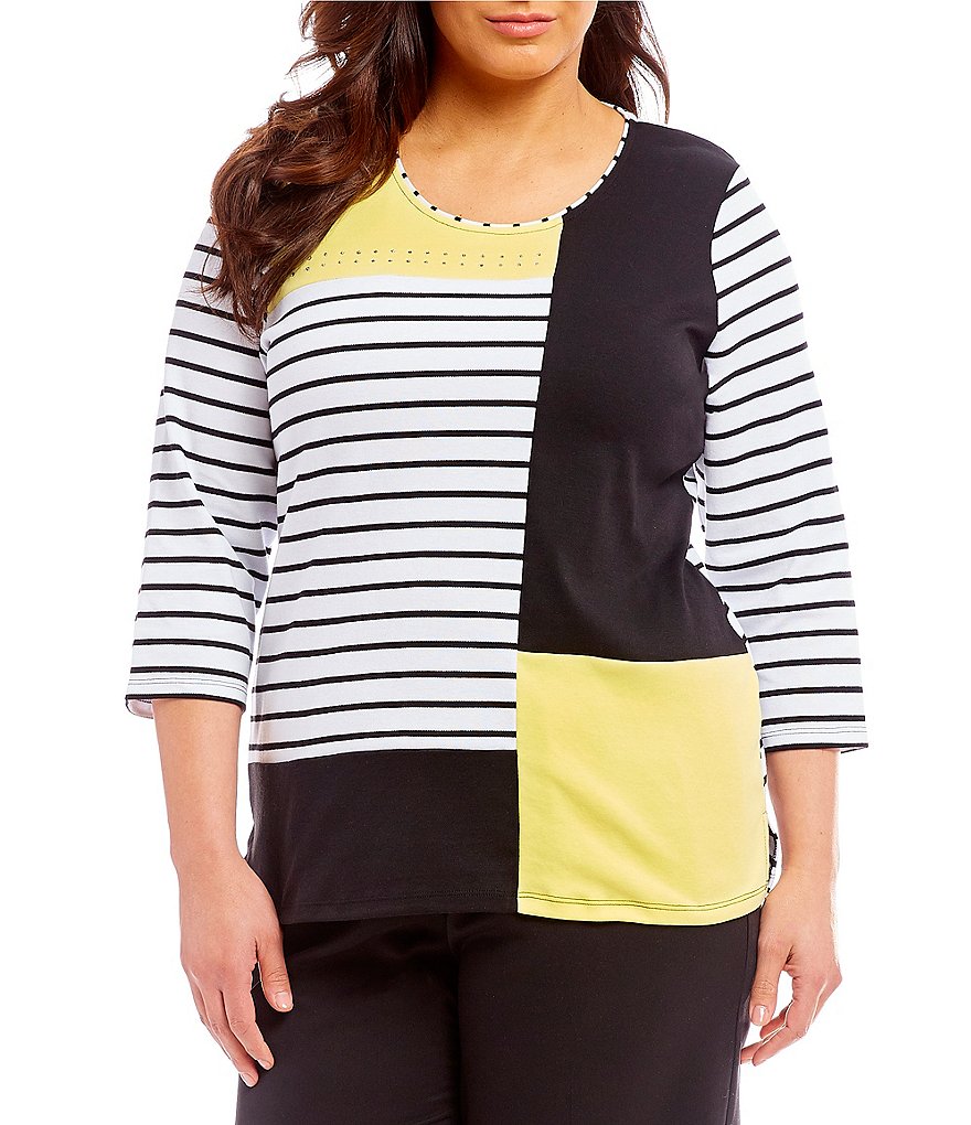 Allison Daley Plus Size Embellished 3/4 Sleeve Colorblock Stripe Knit Top