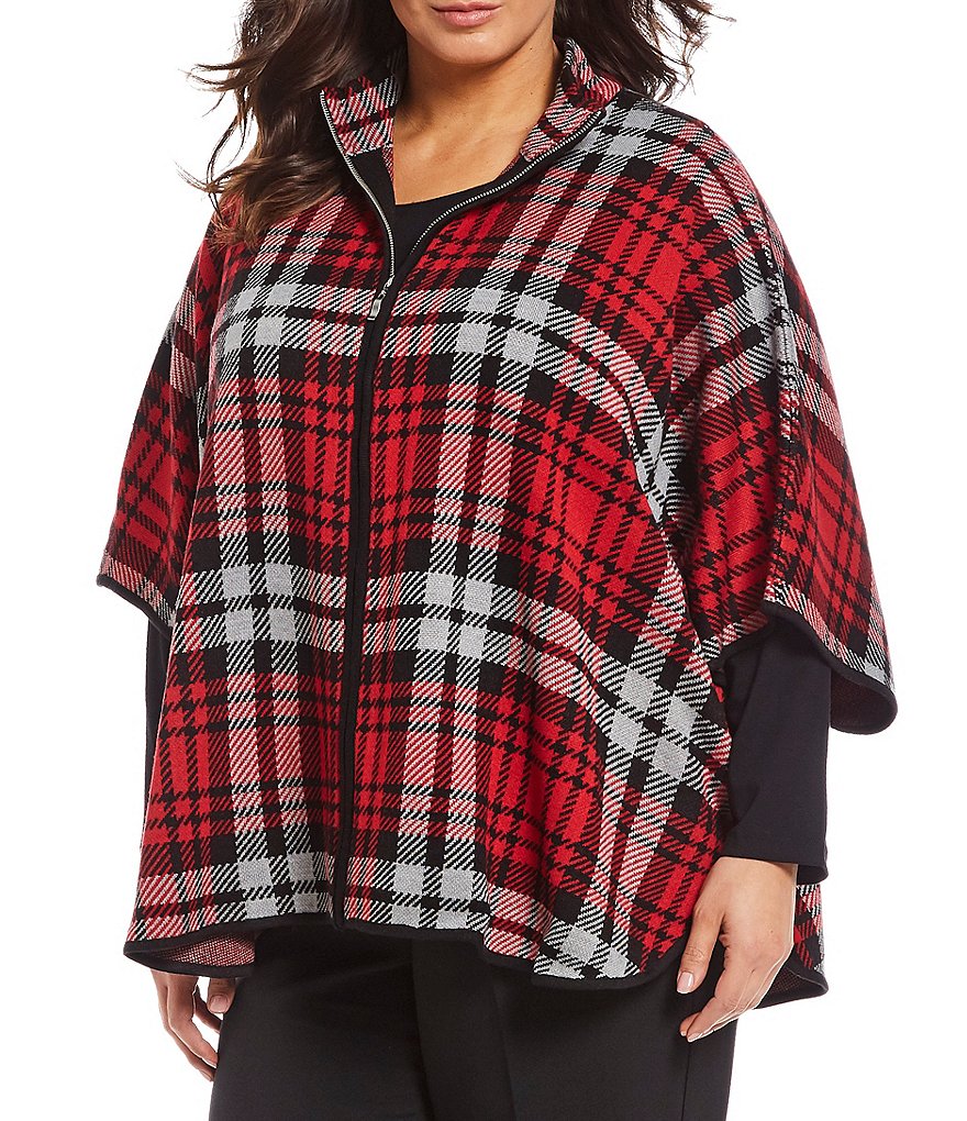 Allison Daley Plus Size Plaid Print Zip Front Knit Cape Cardigan