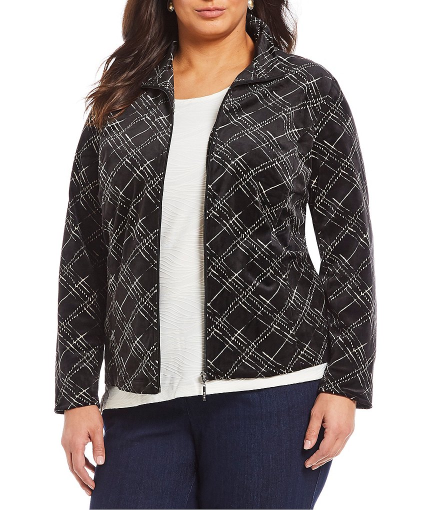 Allison Daley Plus Size Velour Plaid Print Zip Front Jacket