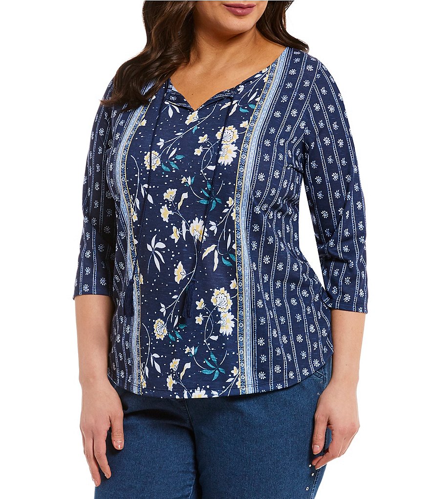 Allison Daley Plus Tassel Tie-Neck Floral Print Tee