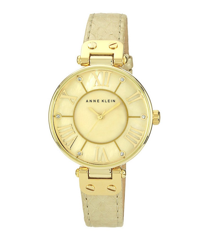 Anne Klein Gold Mother of Pearl Genuine Leather Strap Watch