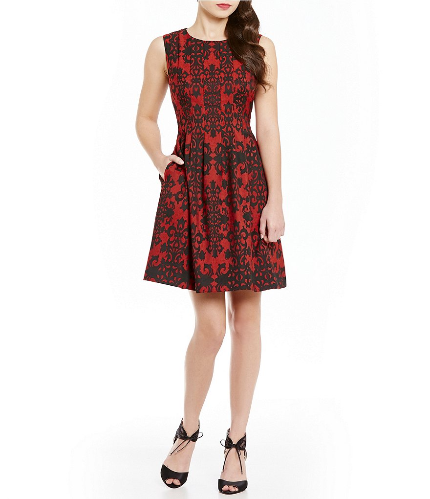 Anne Klein Novelty Jeweled Neck Jacquard Fit-And-Flare Dress