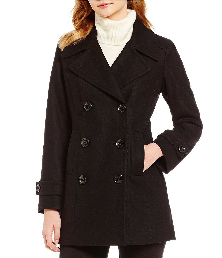 Anne Klein Petite Double Breasted Wool Mid Length Peacoat