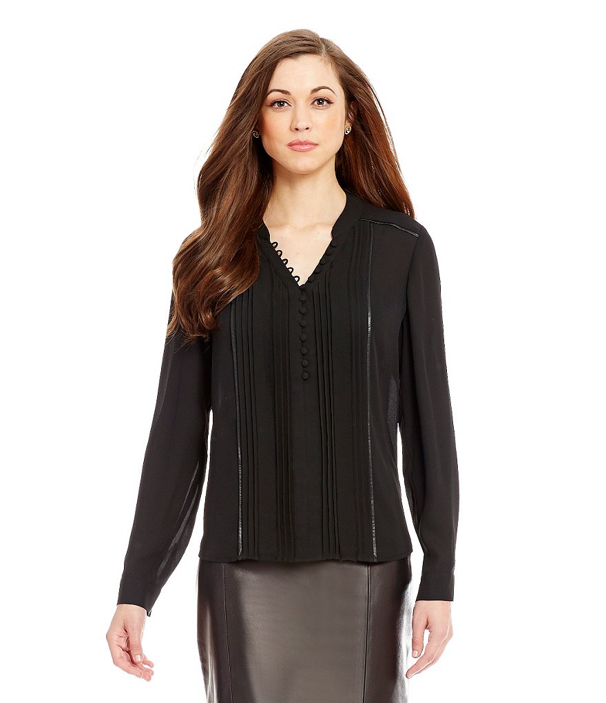 Antonio Melani Aida Faux Leather Trim Pleat Long Sleeve Blouse