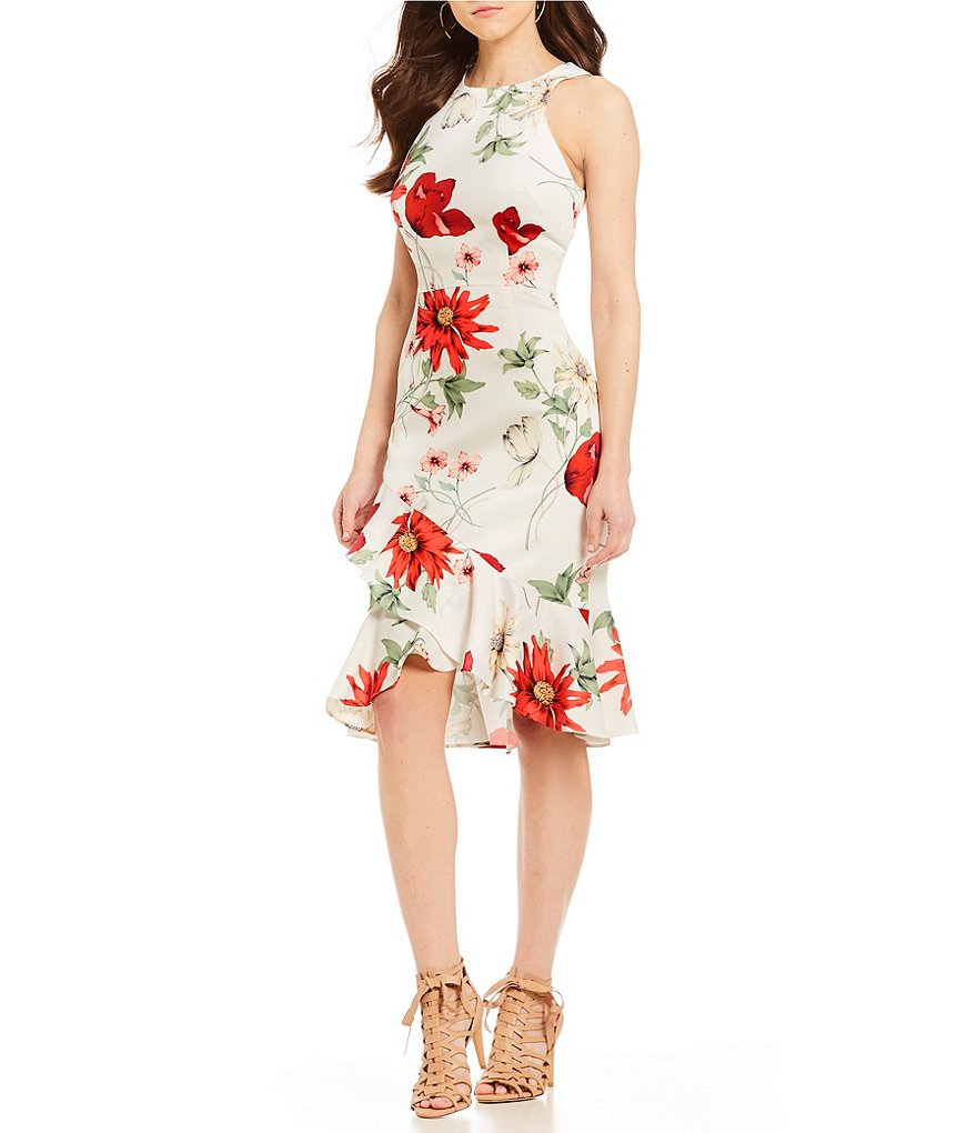 Antonio Melani Ariel Floral Print Ruffle Front Satin Midi Dress