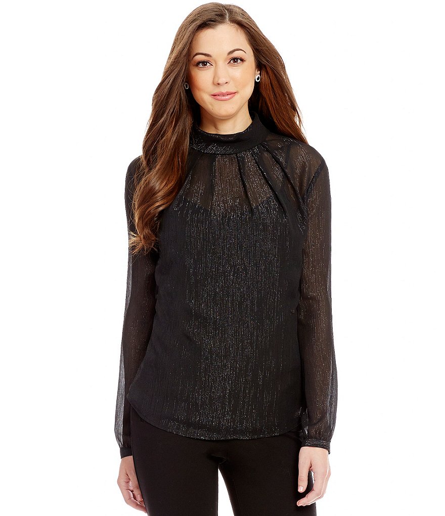 Antonio Melani Lillo Metallic Chiffon Mock Neck Blouse