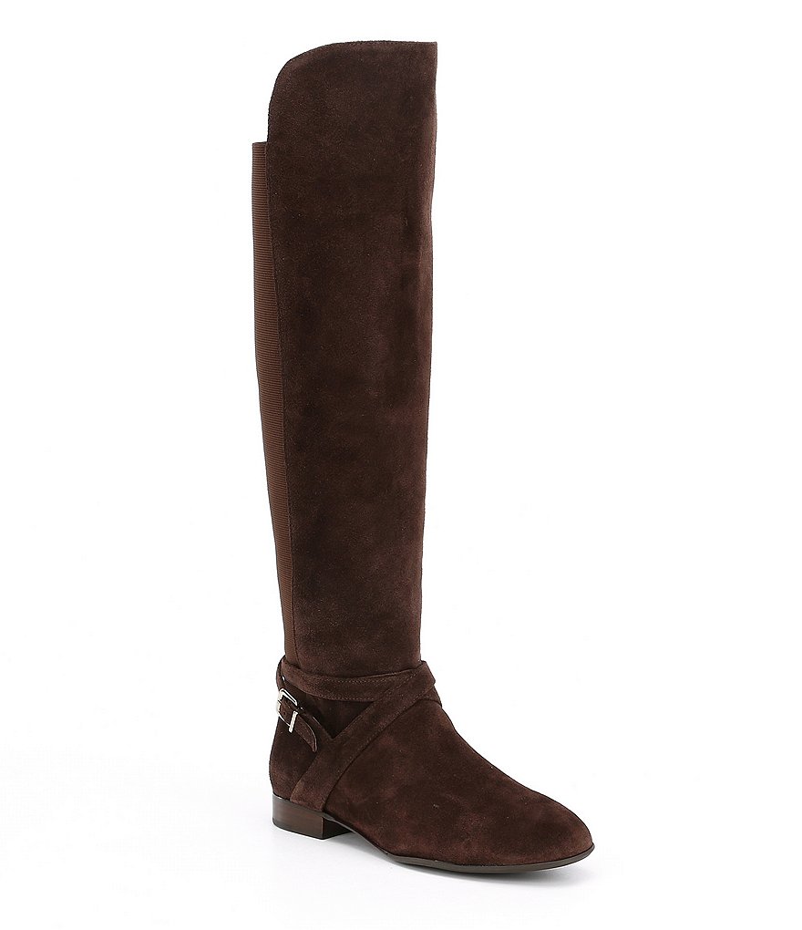 Antonio Melani Pesha Suede Strap Buckle Detail Over the Knee Block Heel Riding Boots
