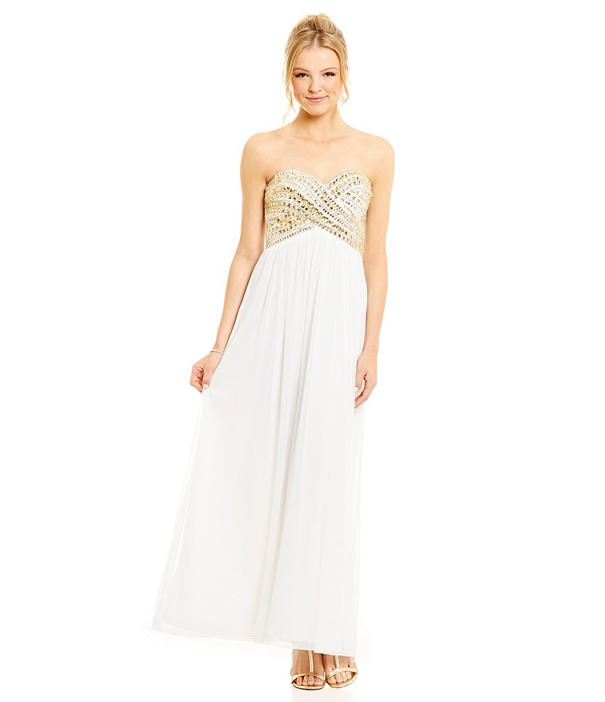 B. Darlin Criss-Cross AB-Stone Bodice Strapless Gown