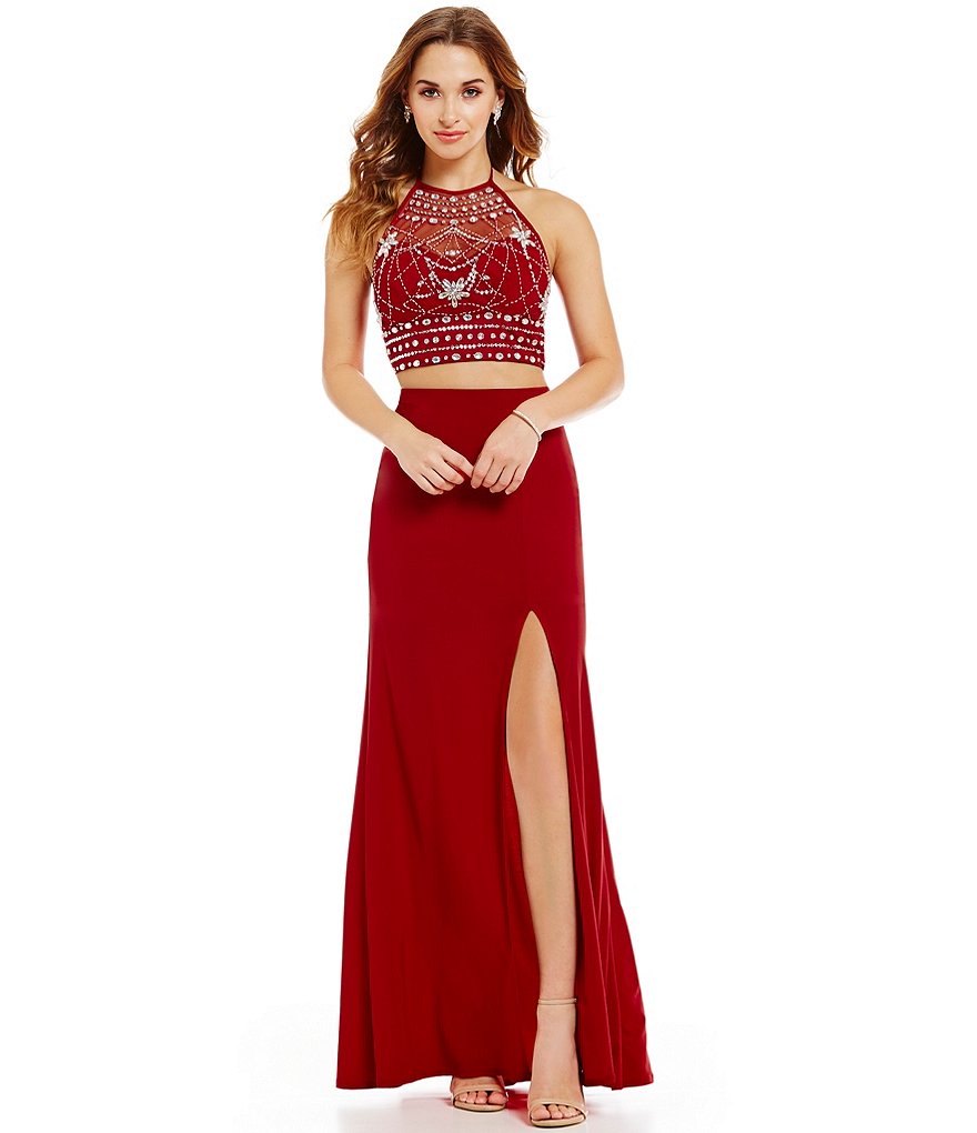 B. Darlin Embellished Halter Two-Piece Long Dress