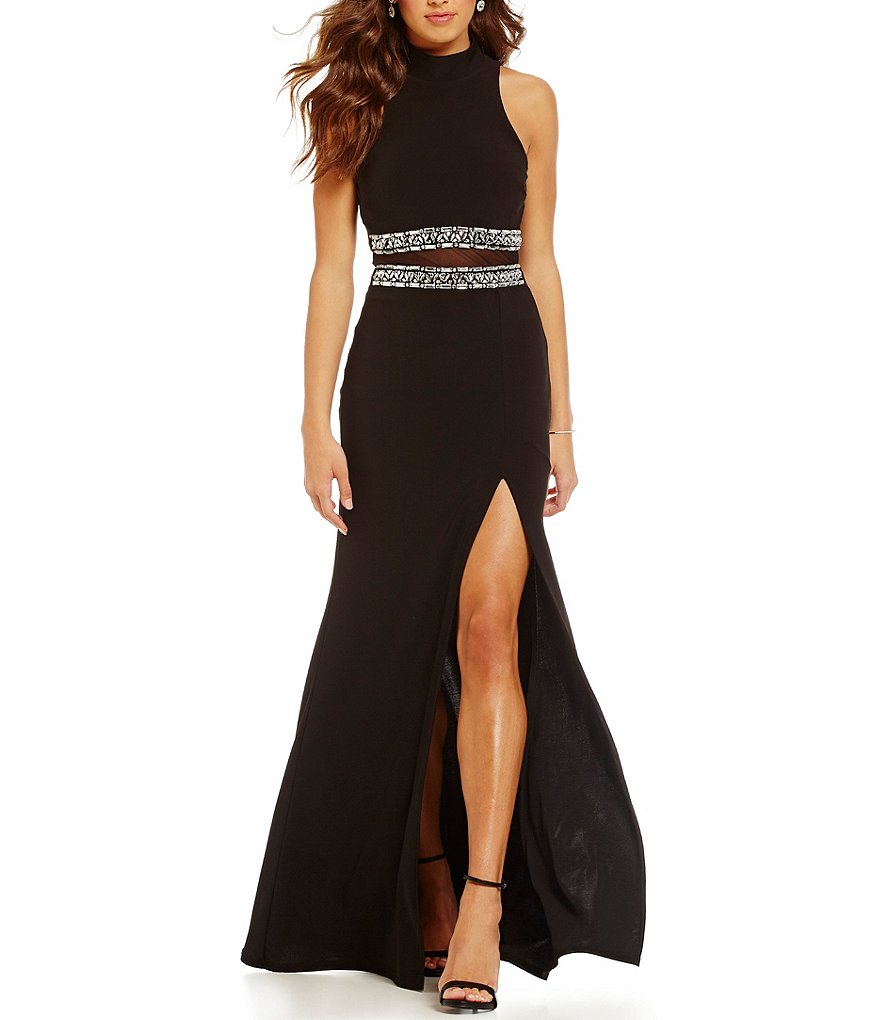 B. Darlin High Mock Neckline Cut Out Illusion Waist Gown