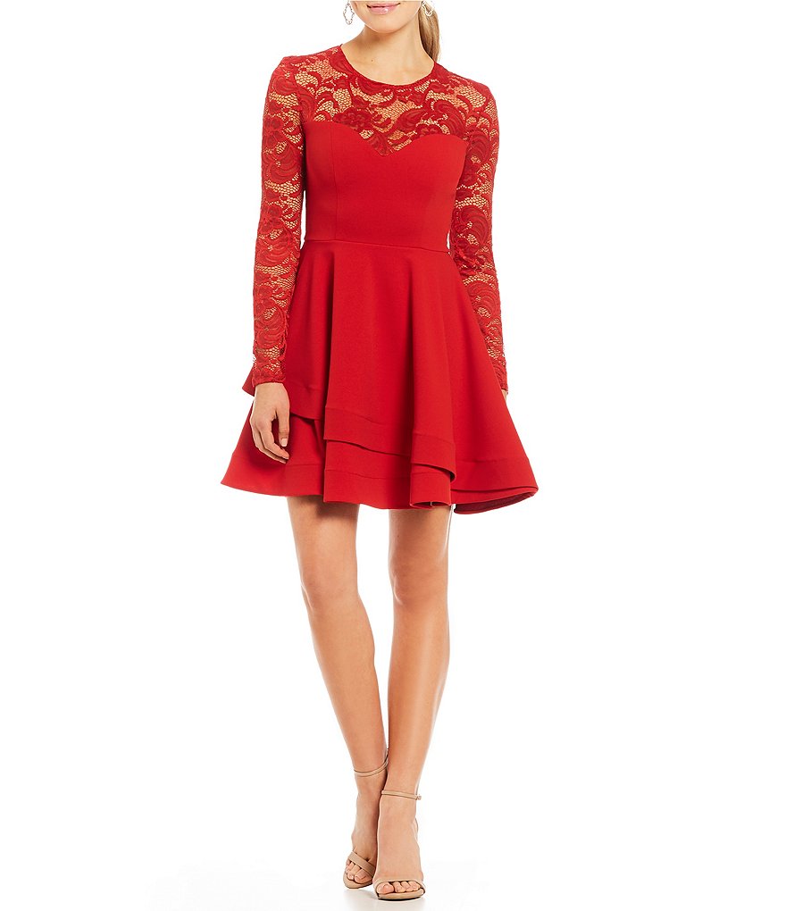 B. Darlin Long Sleeve Asymmetric Hem Fit-and Flare Dress