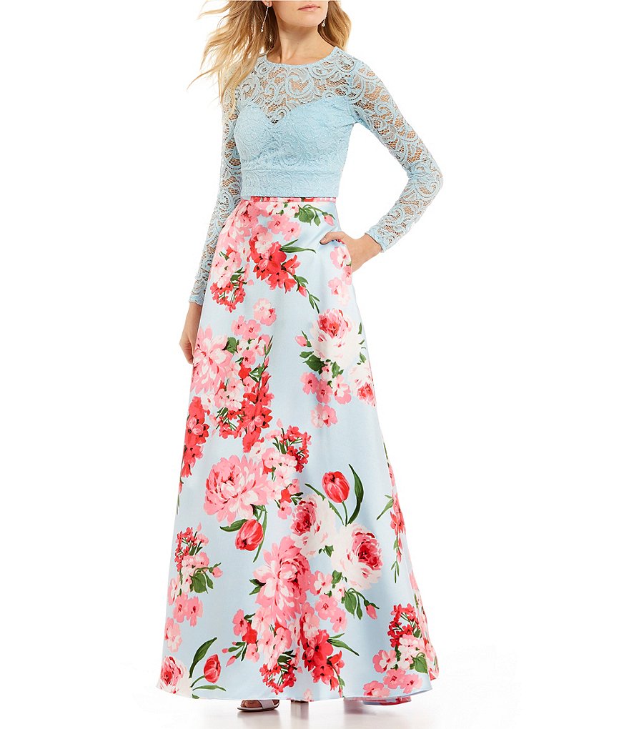 B. Darlin Long Sleeve Lace Top with Floral Skirt Two-Piece Ball Gown