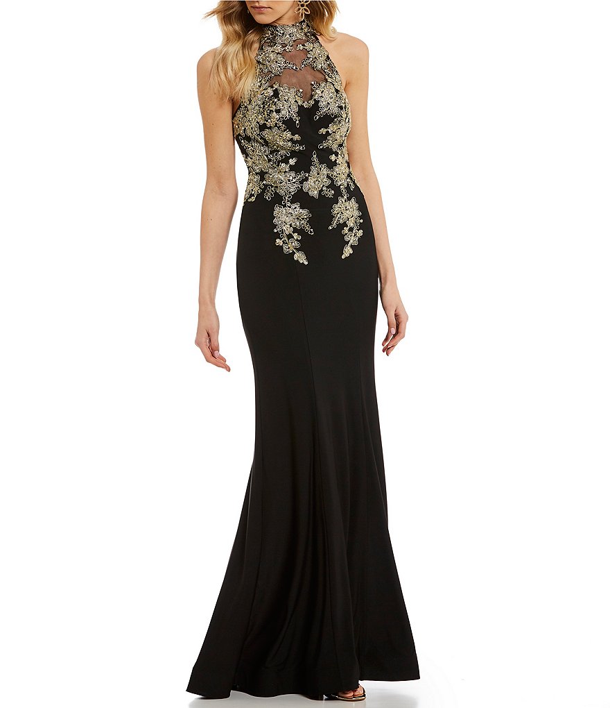 B. Darlin Mock Neck Embroidered Bodice Long Dress