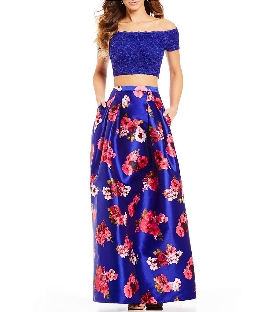 B. Darlin Off-The-Shoulder Lace Top with Floral Skirt Ball Gown