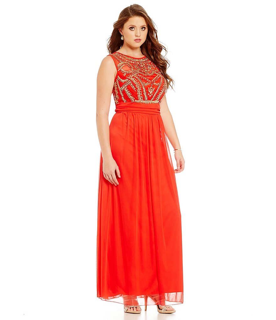 B. Darlin Plus Sleeveless Beaded Bodice Illusion Yoke Gown