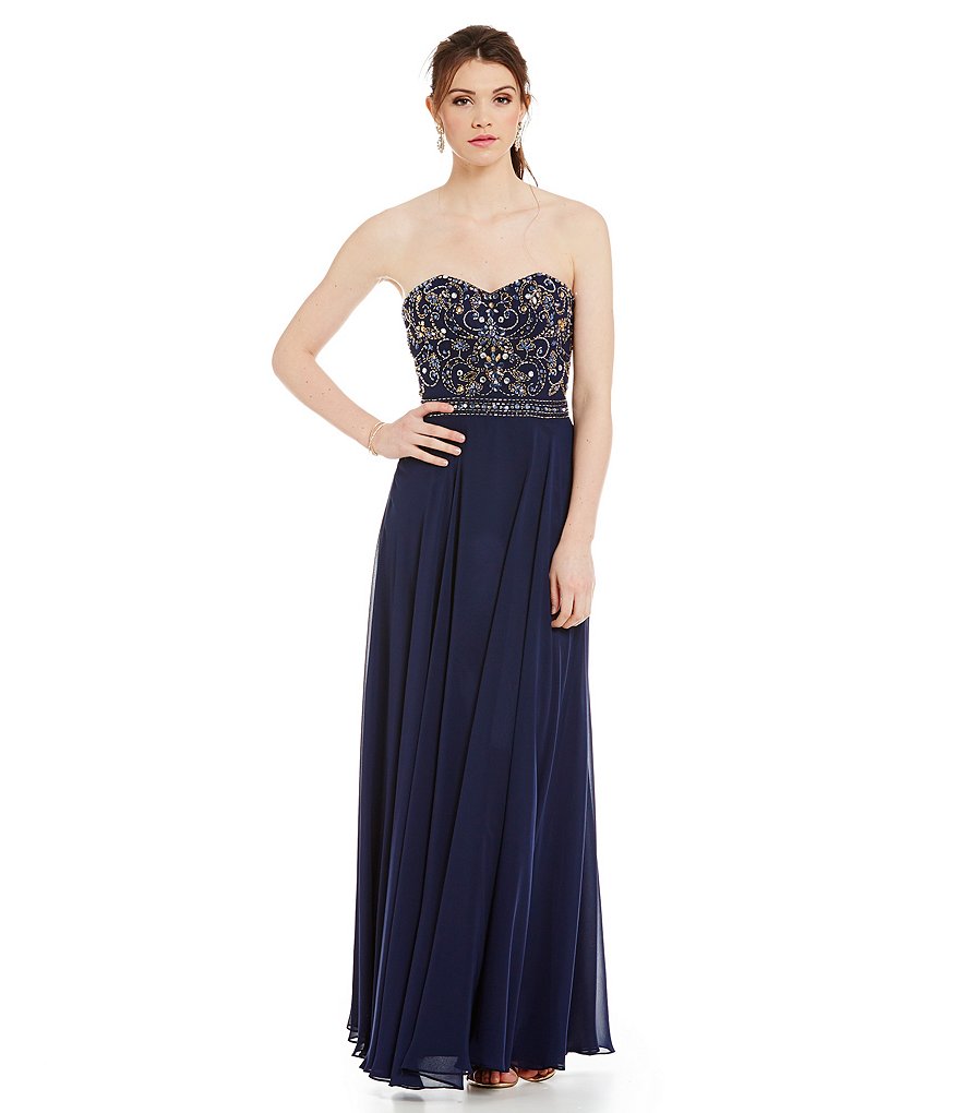 B. Darlin Strapless Beaded Bodice Gown