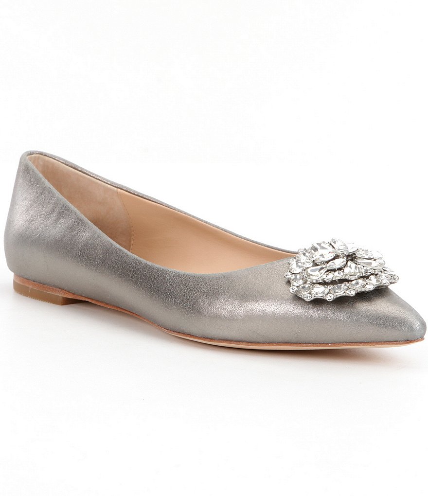 Badgley Mischka Davis II Metallic Suede Brooch-Accented Pointed-Toe Flats