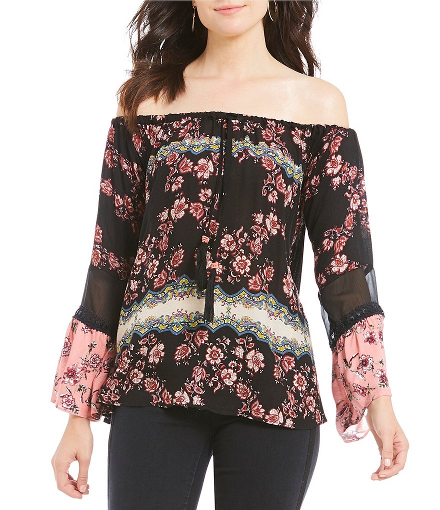 Ban Jara Floral Printed Off-The-Shoulder Bell Sleeve Top