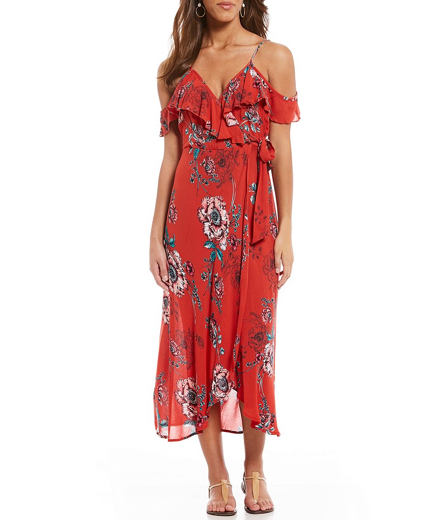 Band Of Gypsies Cold Shoulder Printed Ruffle Wrap Style Midi Dress