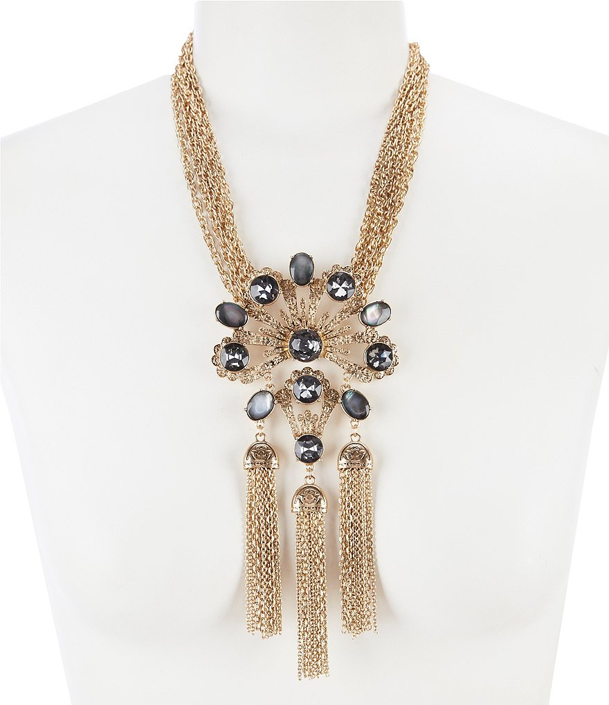 Belle Badgley Mischka Multi Stone Tassel Pendant Statement Necklace
