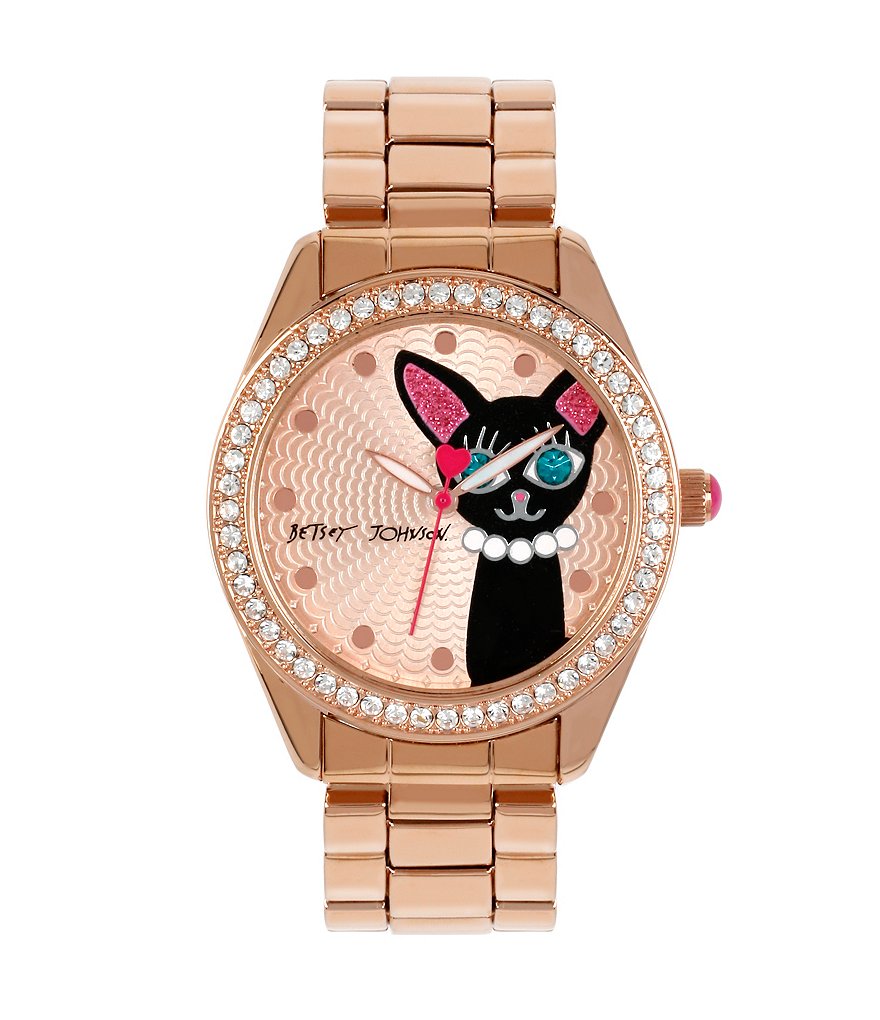 Betsey Johnson Cat Crystal Bezel Analog Bracelet Watch