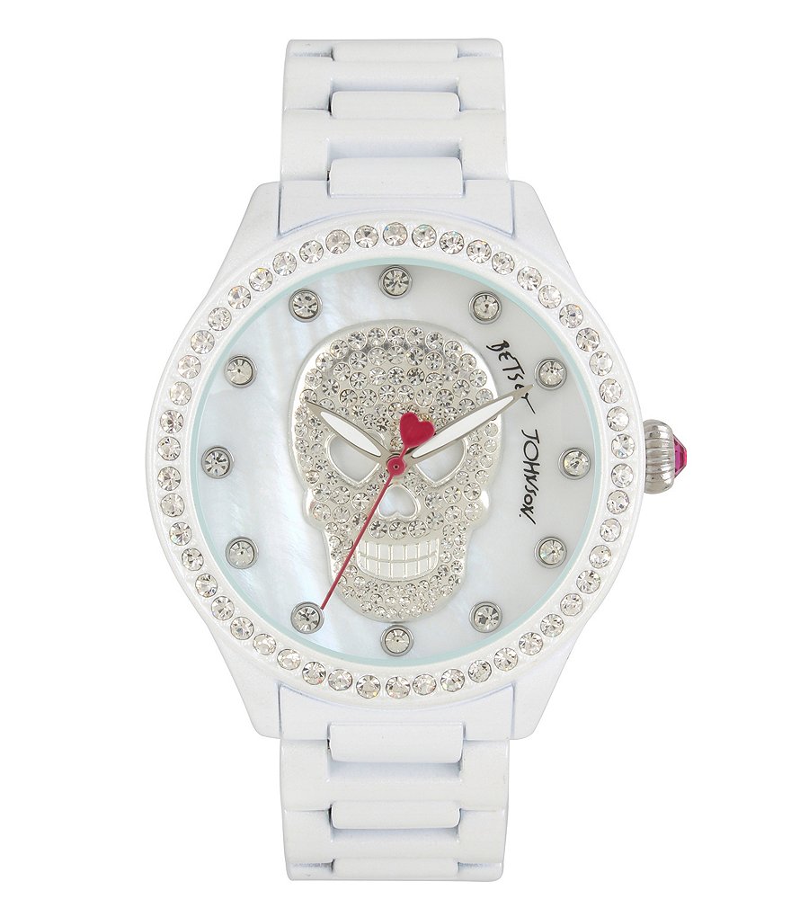 Betsey Johnson Crystal-Bezel Pavé Skull Mother-of-Pearl Analog Bracelet Watch