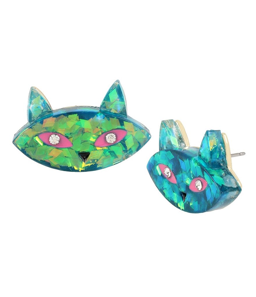 Betsey Johnson Green Cat Face Stud Earrings