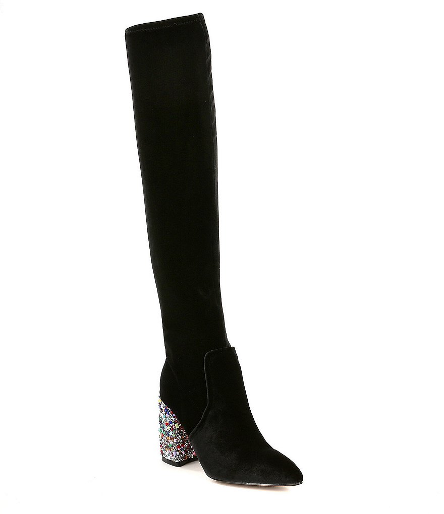 Betsey Johnson Keeva Velvet Glitter Heel Over The Knee Block Heel Boots