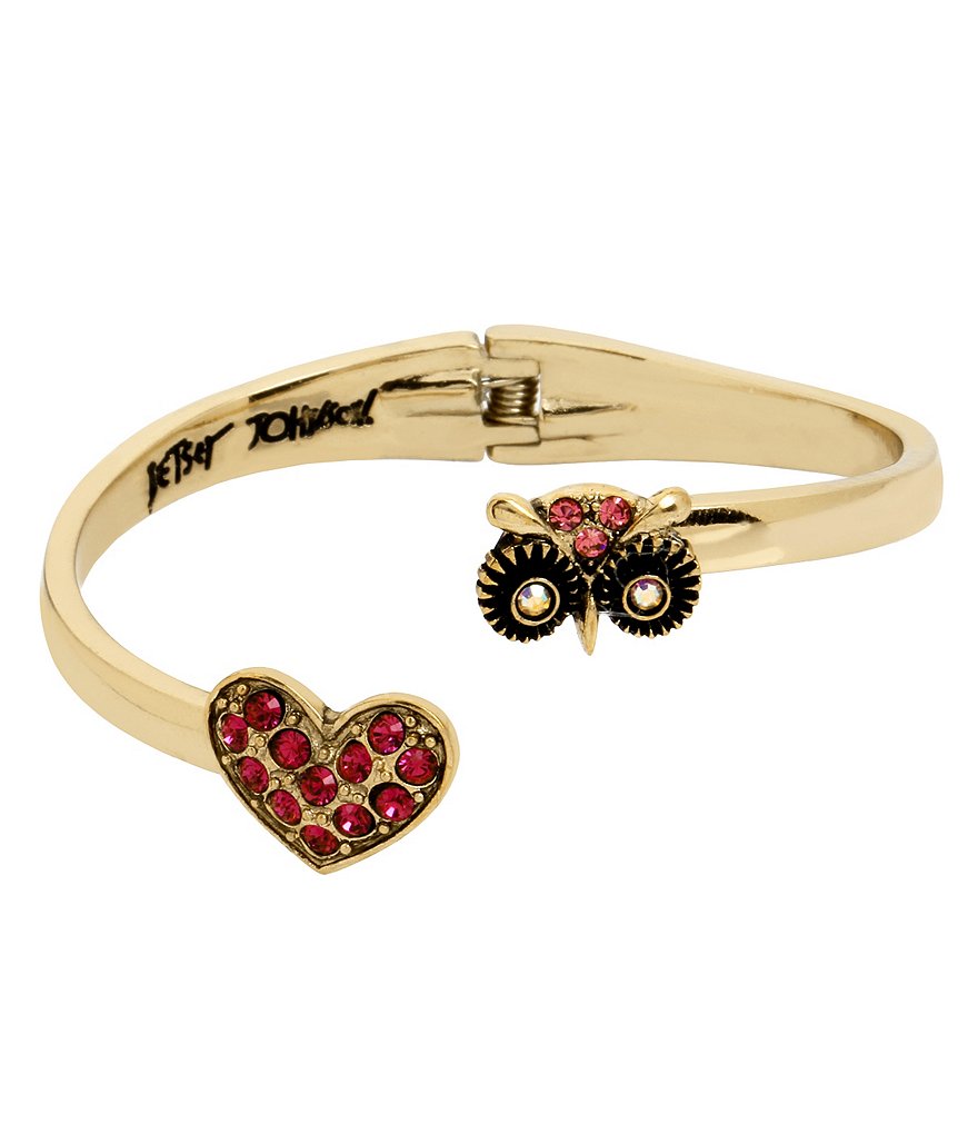 Betsey Johnson Owl & Pavé Heart Bypass Hinge Bangle Bracelet