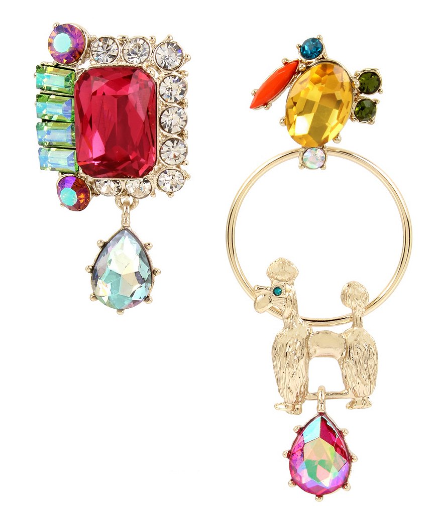 Betsey Johnson Poodle and Statement Stone Mismatch Drop Earrings