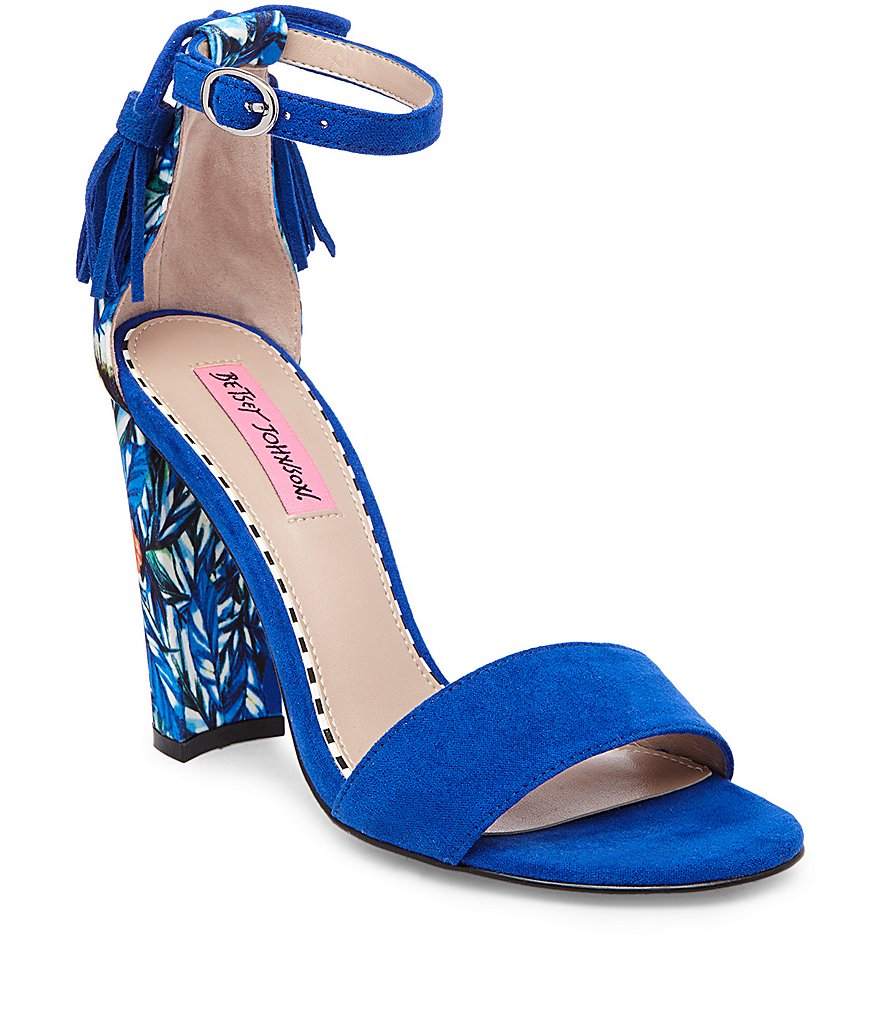 Betsey Johnson Rallo Ankle Strap Bow & Tassel Detail Floral Block Heel Sandals