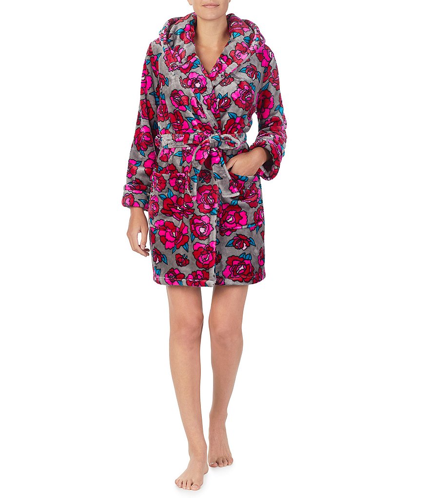 Betsey Johnson Royal Plush Floral Print Hoodie Short Wrap Robe
