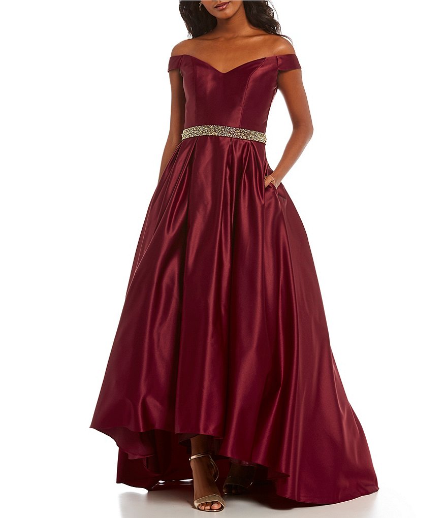 Betsy & Adam Off-the-Shoulder Beaded Waist Satin Gown